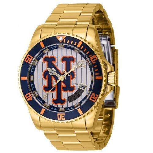Invicta Mlb York Mets Men`s 42mm Automatic Movement Stainless Watch 42986 - Dial: Blue, Band: Gold, Bezel: Blue
