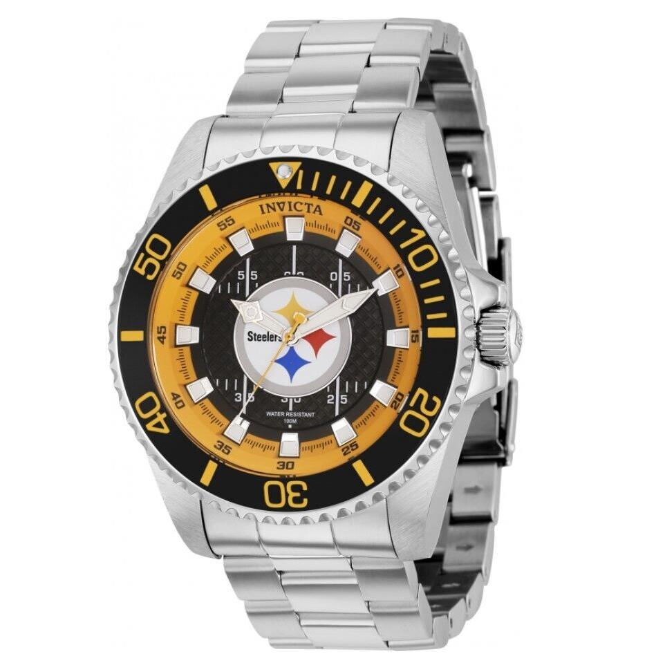 Invicta Nfl Pittsburgh Steelers Men`s 47mm Limited Stainless Quartz Watch 36951 - Dial: Black, Orange, White, Band: Silver, Bezel: Black, Orange