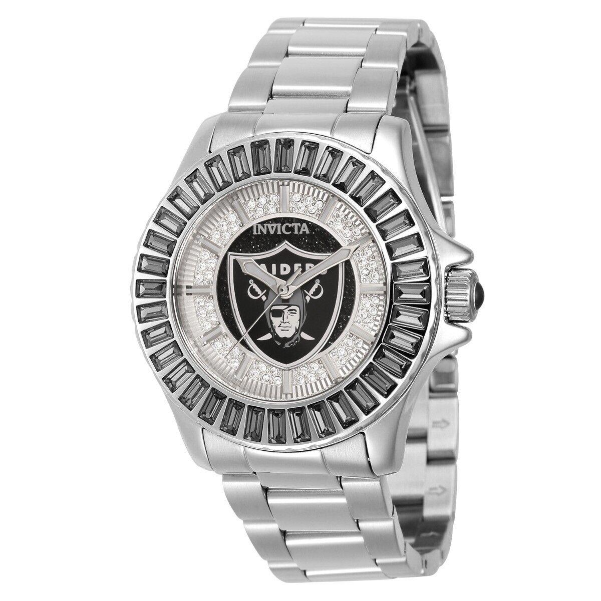 Invicta Nfl Las Vegas Raiders Women`s 38mm Crystal Accent Quartz Watch 42056 - Dial: Silver, White, Band: Silver, Bezel: Silver, White
