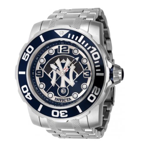 Invicta Mlb York Yankees Men`s Large 58mm Automatic Stainless Watch 42795 - Dial: Blue, Band: Silver, Bezel: Blue