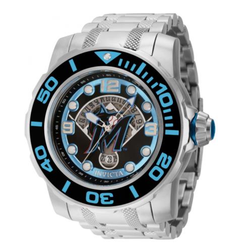 Invicta Mlb Miami Marlins Men`s Large 58mm Automatic Stainless Watch 42794 - Dial: Black, Band: Silver, Bezel: Black