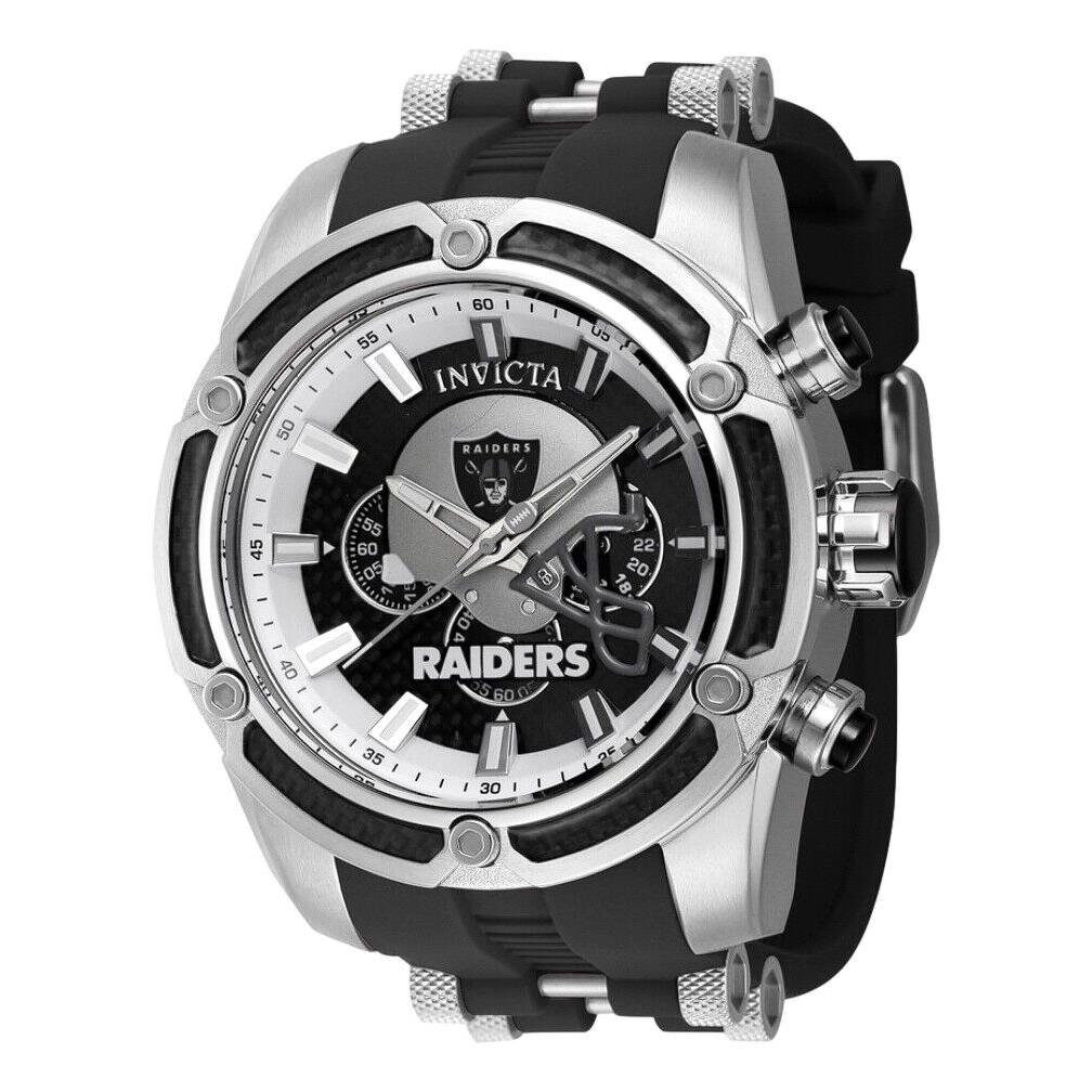 Invicta Nfl Las Vegas Raiders Men`s 52mm Carbon Fiber Chronograph Watch 41903 - Dial: Black, Gray, Multicolor, Silver, White, Band: Black, Bezel: Black, Silver