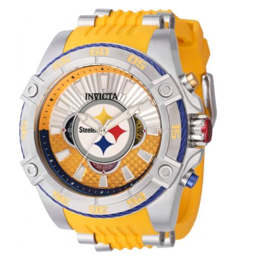 Invicta Nfl Pittsburgh Steelers Men`s 52mm Carbon Fiber Chronograph Watch 41965 - Dial: Blue Gray Silver White Yellow, Band: Yellow, Bezel: Blue Gray Silver Yellow