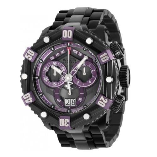 Invicta Reserve Huracan Darkest Purple Men`s 53mm Swiss Chronograph Watch 36632 - Dial: Black, Purple, Band: Black, Bezel: Black, Purple