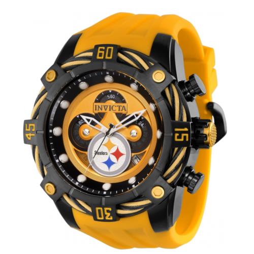 Invicta Nfl Pittsburgh Steelers Men`s 52mm Silicone Chronograph Watch 35862 - Dial: Blue White Yellow, Band: Yellow, Bezel: Black Yellow