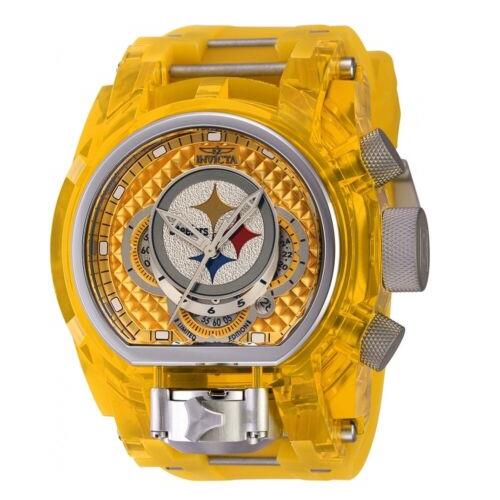 Invicta Nfl Pittsburgh Steelers Men`s 52mm Magnum Dual Time Limited Watch 41540 - Gray Dial, Yellow Band, Clear Bezel