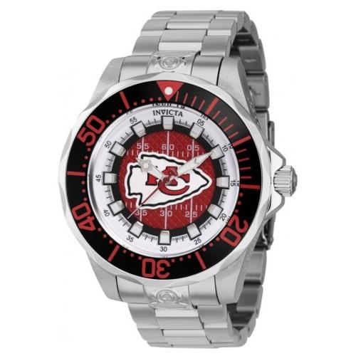 Invicta Nfl Kansas City Chiefs Automatic Men`s 47mm Grand Diver Watch 42121 - Dial: Red, Band: Silver, Bezel: Black