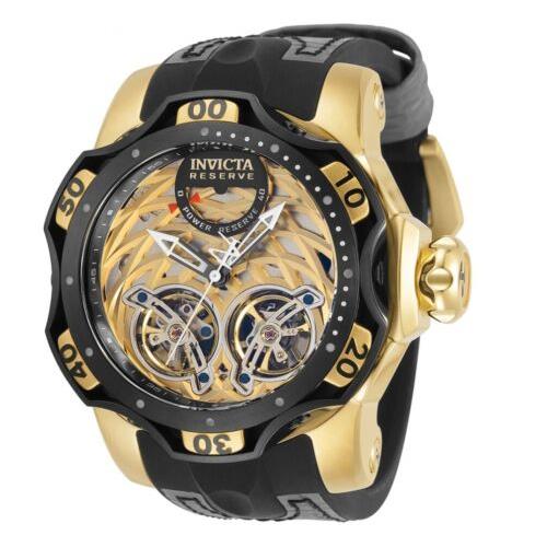Invicta Reserve Venom Men`s 52mm Double Open Heart Automatic Gold Watch 34472 - Dial: Black, Gold, Multicolor, Yellow, Band: Black, Gray, Bezel: Black, Gold, Yellow
