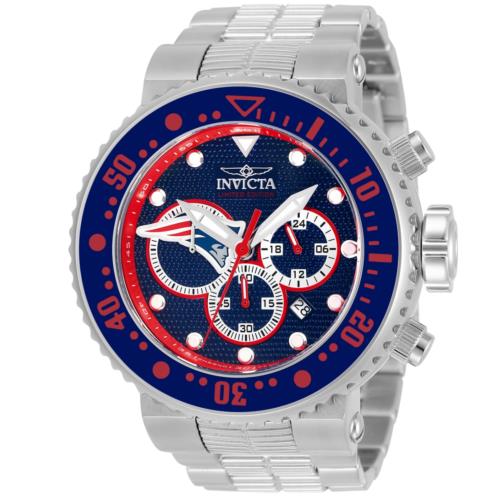 Invicta Nfl England Patriots Grand Diver Men`s 52mm Chronograph Watch 33135 - Dial: Blue, Band: Silver, Bezel: Blue