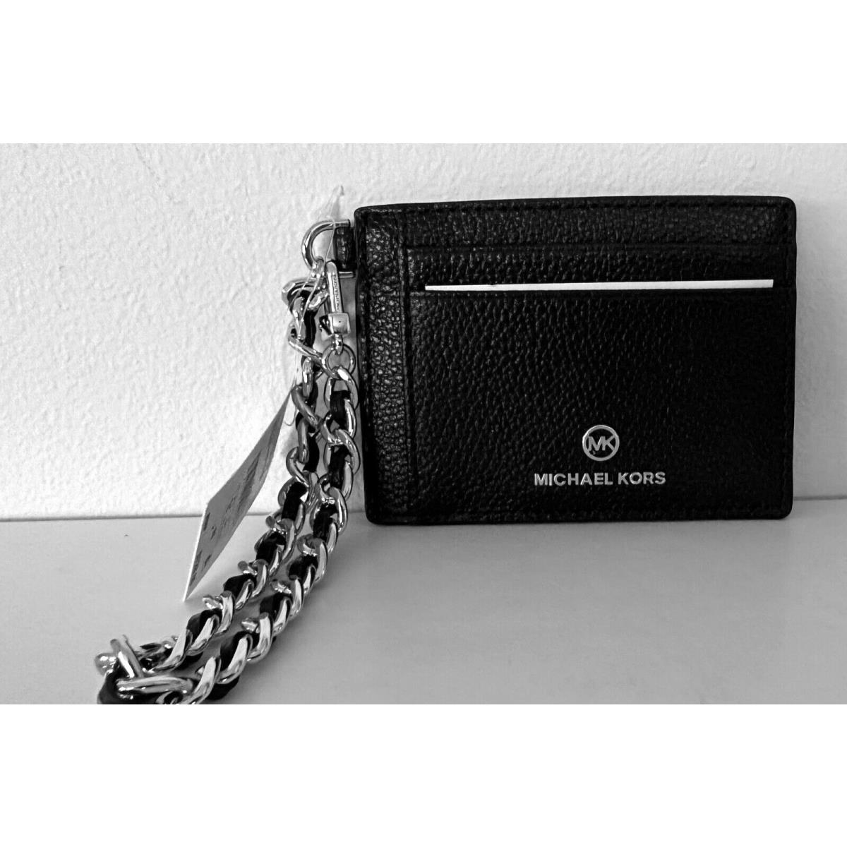 Michael Kors Leather Jet Set Charm Small ID Chain Card Holder Black/Silver