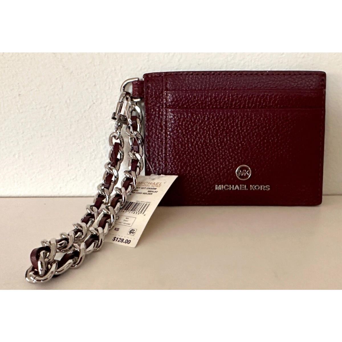 Michael Kors Leather Jet Set Charm Small ID Chain Card Holder Merlot/Silver