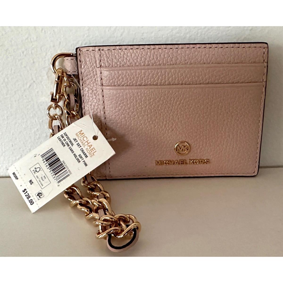 Michael Kors Leather Jet Set Charm Small ID Chain Card Holder Pink/Gold