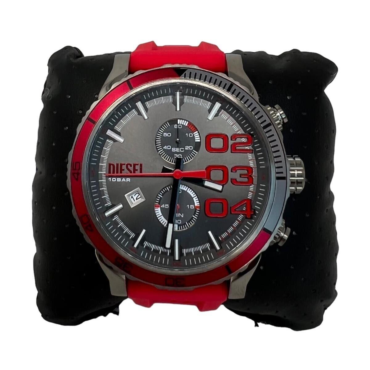 Diesel DZ4613 Double Down 2.0 Grey Chronograph Dial Red Silicone Band Mens Watch - Red Band