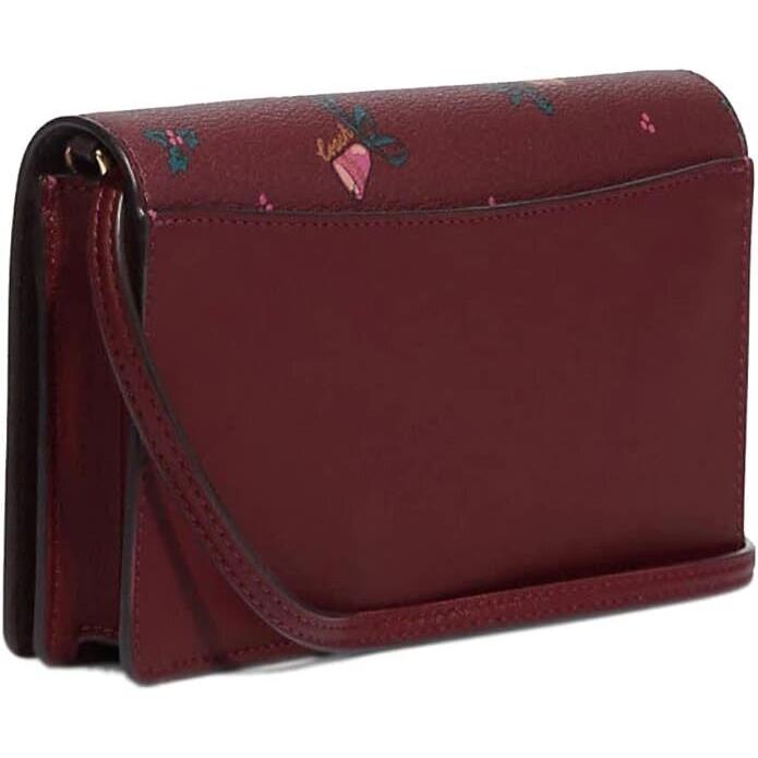 Coach CF356 Anna Foldover Clutch Crossbody Clr Holiday Bells Print Black Cherry - Handle/Strap: Black Cherry, Hardware: Gold, Exterior: Black Cherry