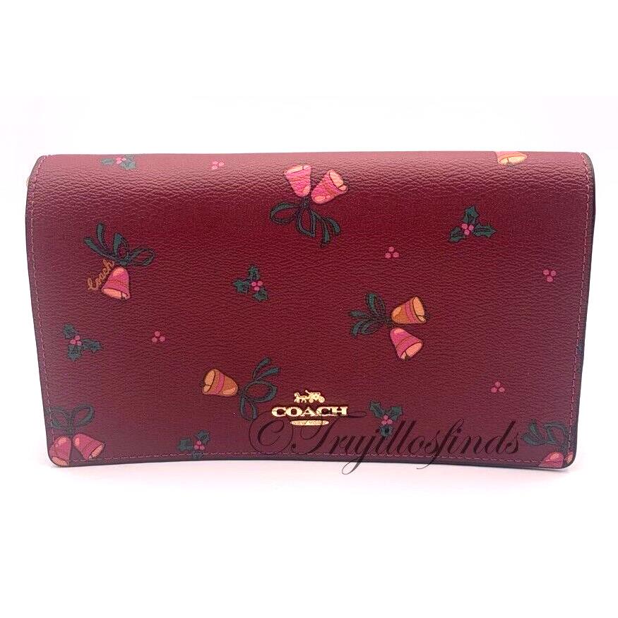 Anna Fold Over Crossbody Clutch Holiday Print Purse Wine CF356 by Coach
