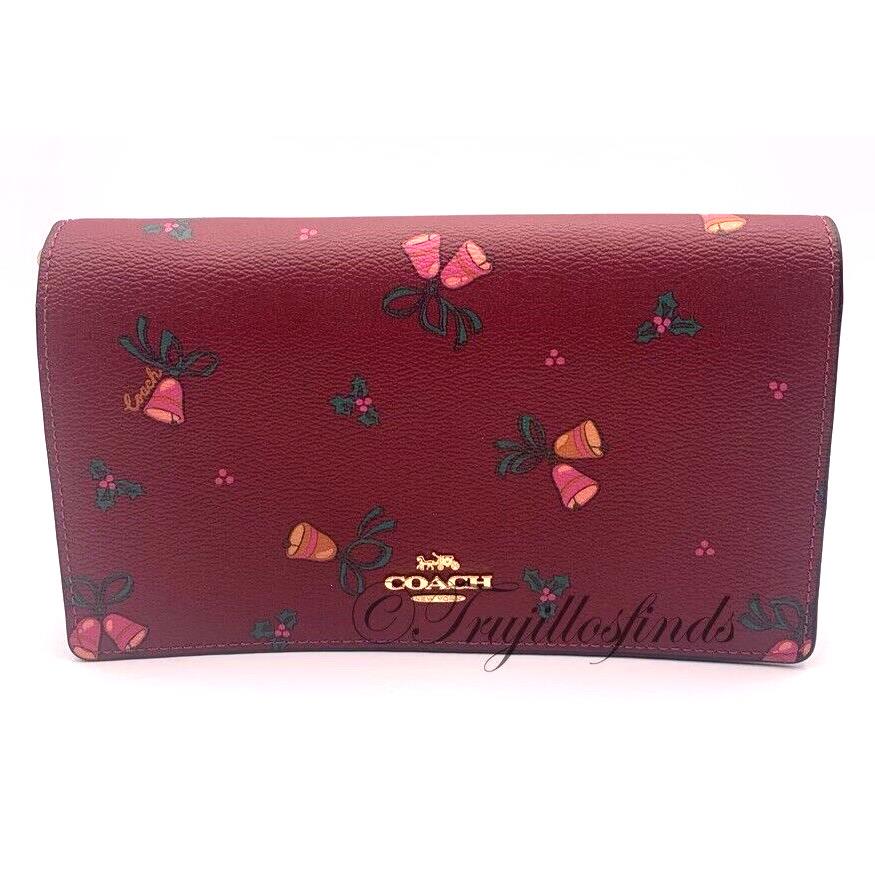 Coach Anna Fold Over Crossbody Clutch Holiday Print Purse Wine CF356