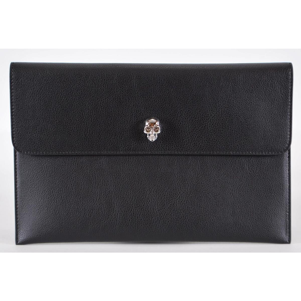 Alexander Mcqueen Soft Black Leather Skull Clasp Envelope Clutch Purse