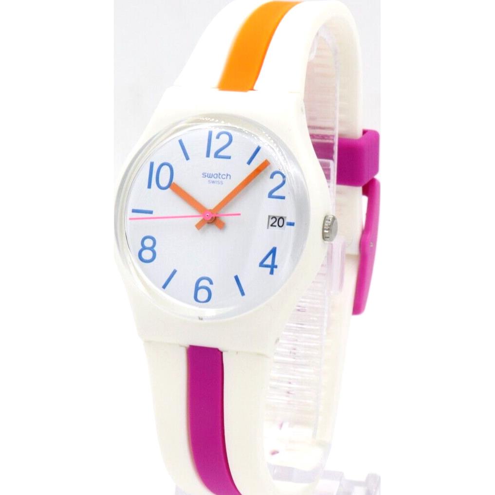 Swiss Swatch Originals Pinkline White Silicone Date Watch 34mm GW408