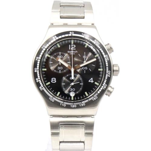 Swatch Irony Night Flight Steel Silver Chronograph Date Watch YVS444GC