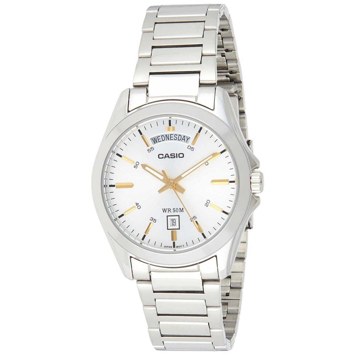 Casio MTP-1370D-7A2 Men`s Watch Stainless Steel Band Quartz Movement - Dial: Silver, Band: Silver, Bezel: Silver