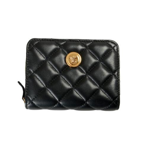 Versace Women`s Black Leather Quilted Zip Around Wallet