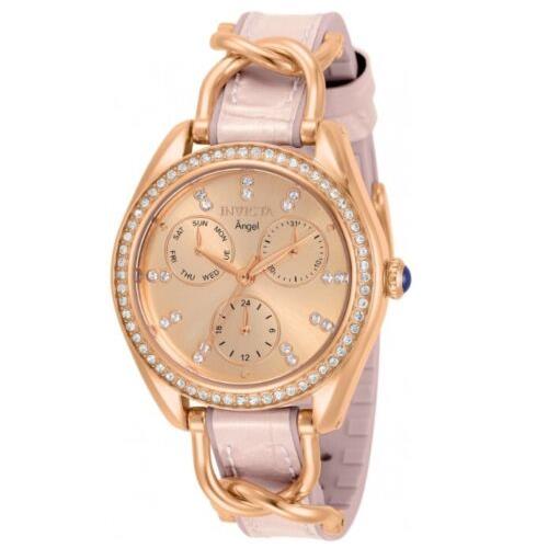 Invicta Angel Women`s 36mm Rose Gold Crystals Multi-function Pink Watch 31206 - Dial: Pink, Rose Gold, White, Band: Pink, Bezel: Rose Gold, White