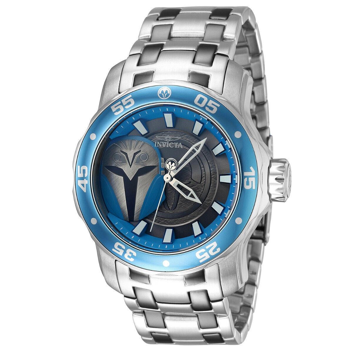 Invicta Men`s Watch Star Wars Bo Katan Limited Edition 48MM Case Japan Quartz - Dial: Grey, Blue, Black, Band: Silver, Bezel: Steel, Blue