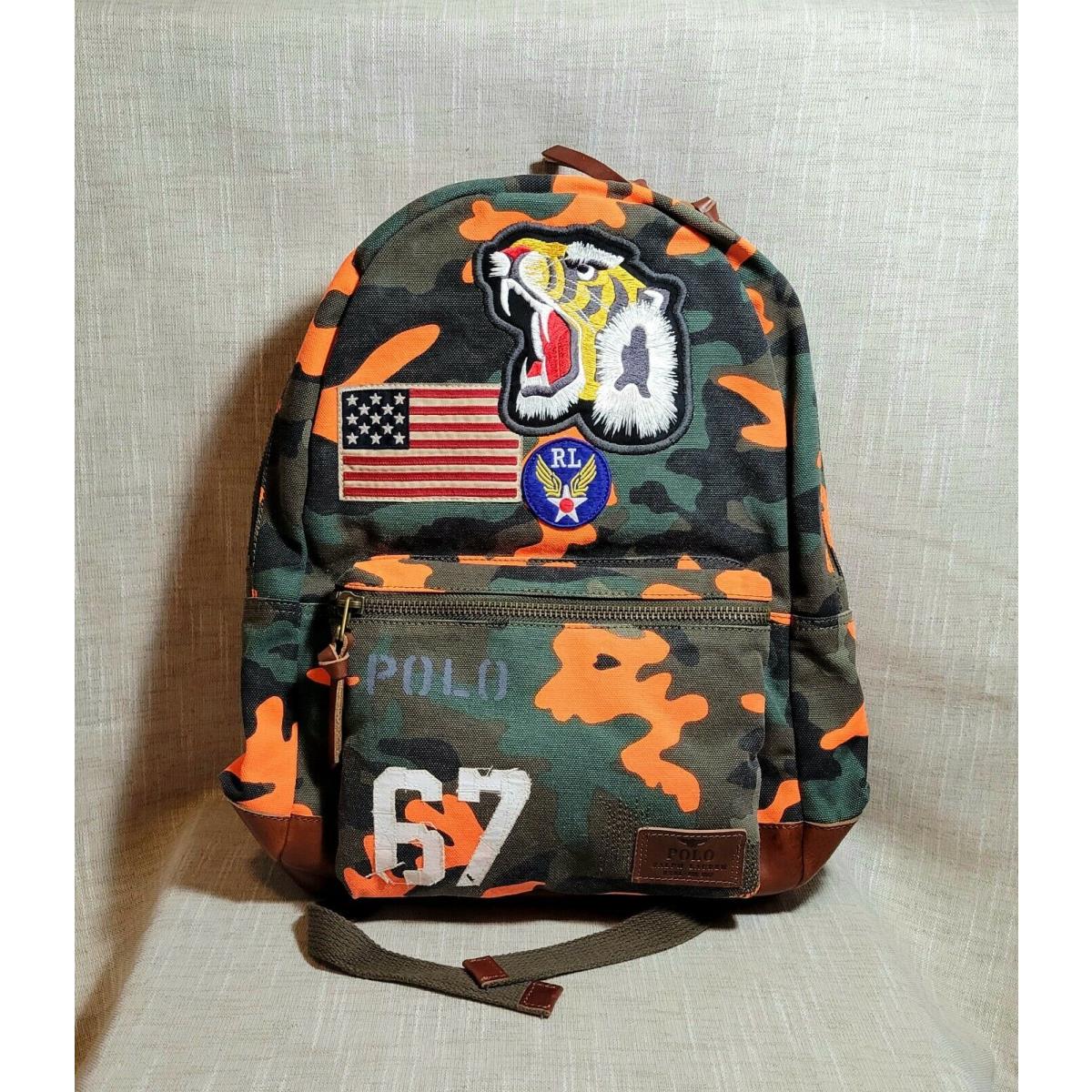 Polo Ralph Lauren `67 Backpack Men`s Orange Camo Tiger Usa Flag Patch Canvas