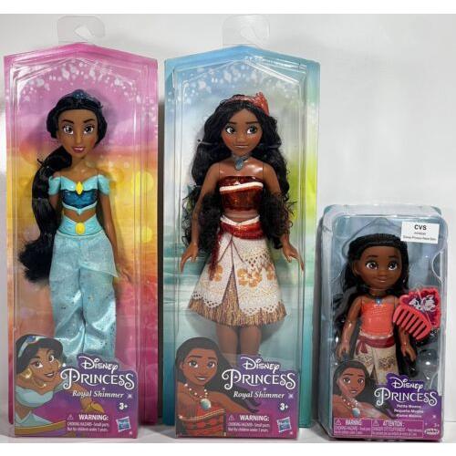 3 Disney Princesses Royal Shimmer Jasmine Moana Petite Moana Doll