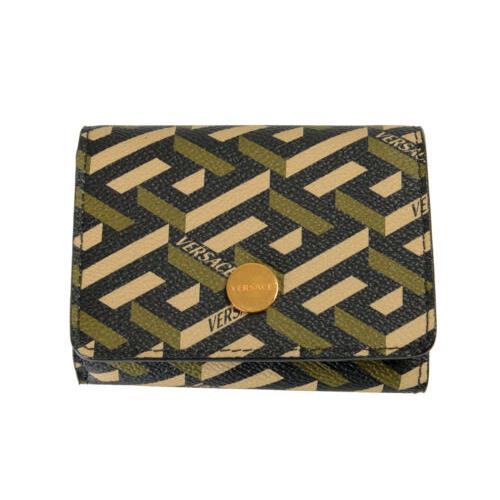 Versace Mens La Greca Coated Canvas Leather Logo Print Bifold Wallet