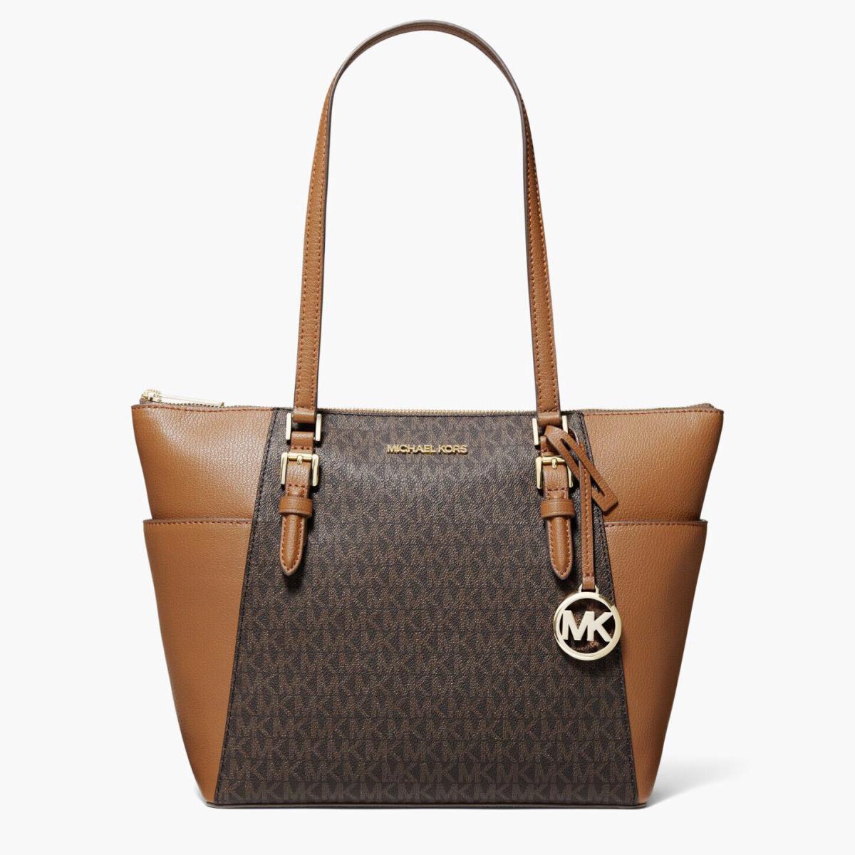 Michael Kors Charlotte Tote Black Luggage Tan Grey Navy Pink Brown Logo Jet Set Brown Logo