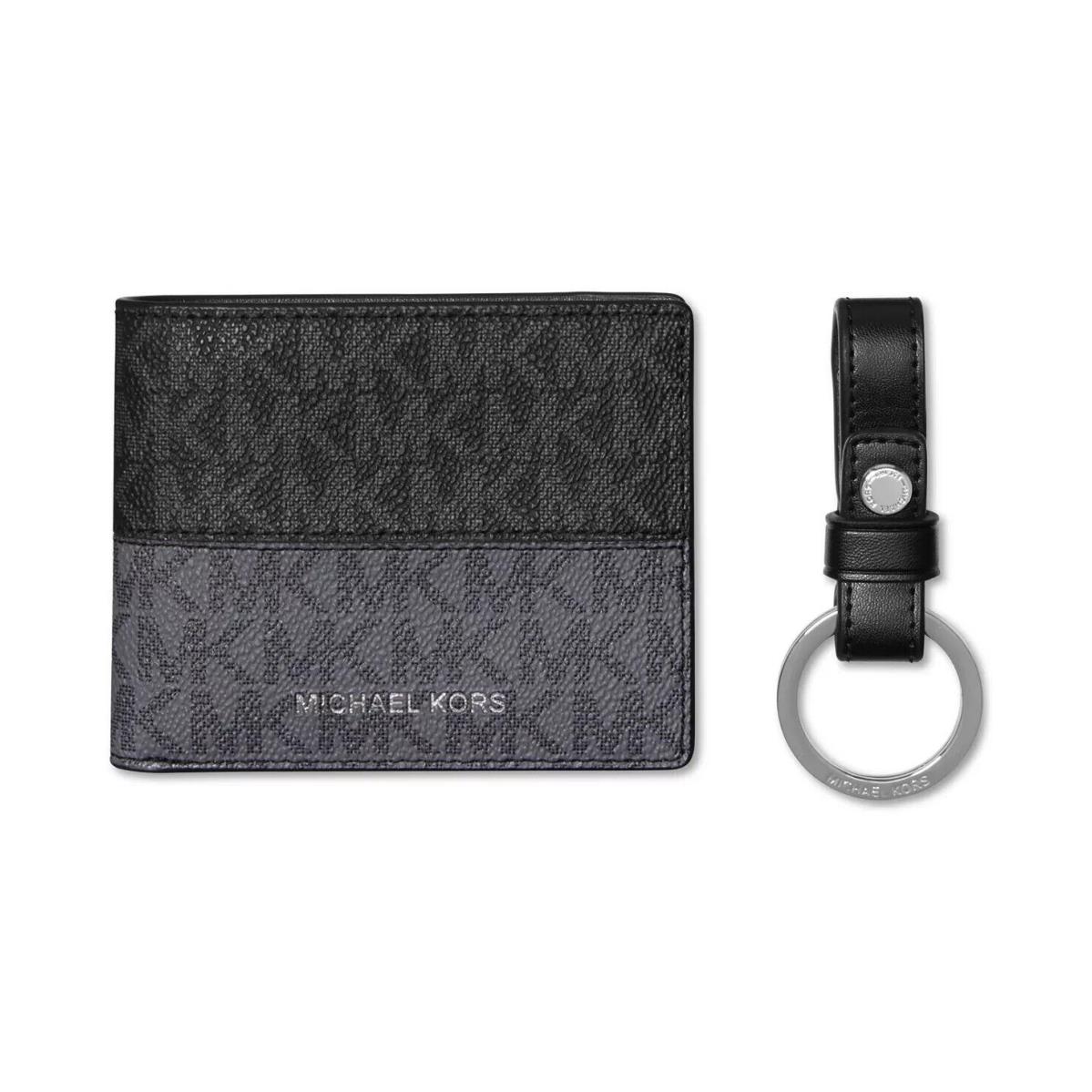 Michael Kors L6507 Mens Black/grey Tri-color Billfold Wallet Keychain Set 4x3