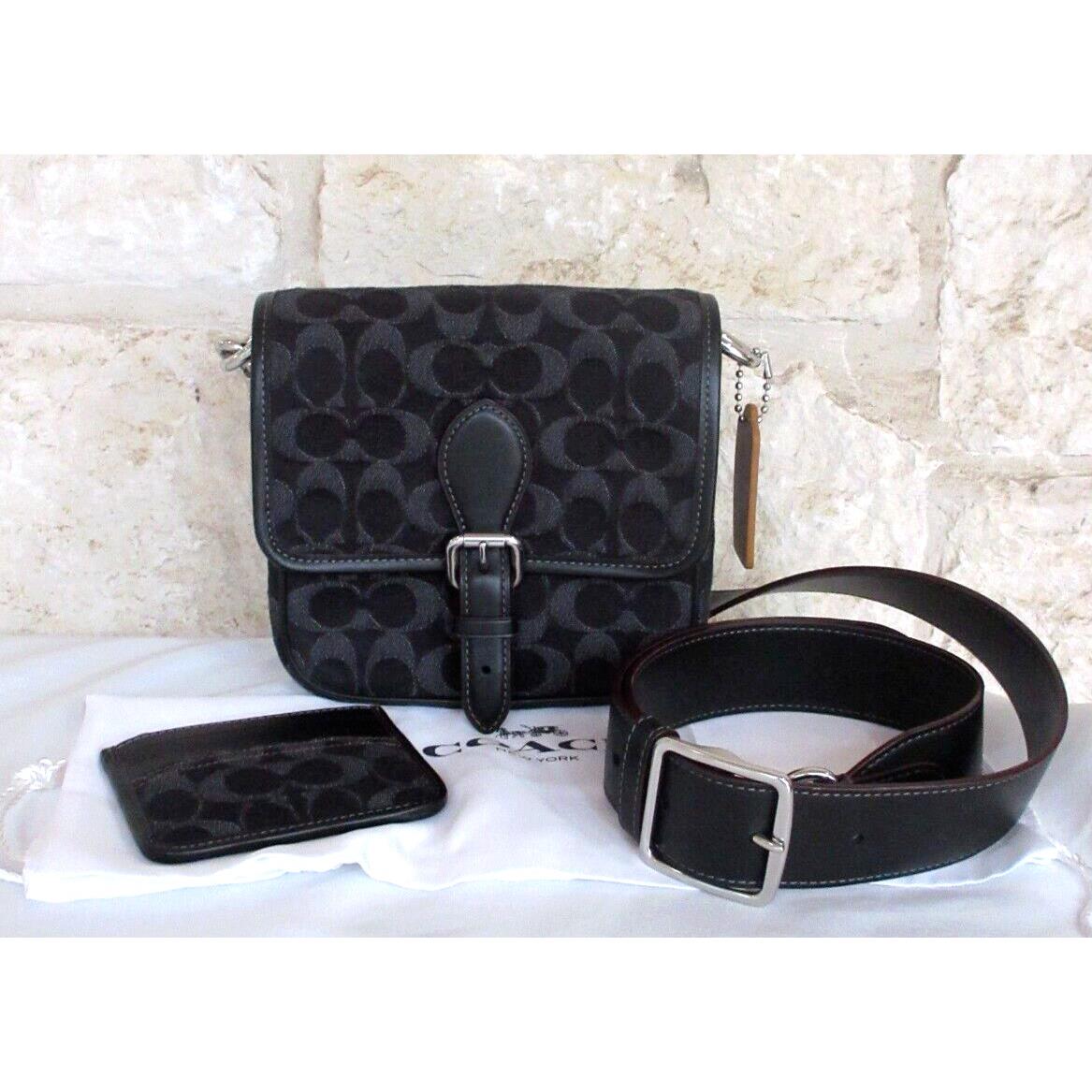 Coach Matching Set Black Denim Frankie 18 Crossbody + Cardcase Set Dust Bag