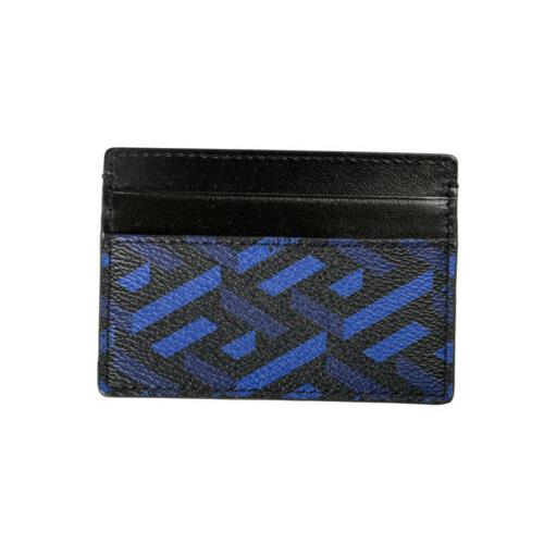 Versace Unisex La Greca Signature Textured Leather Blue Card Case