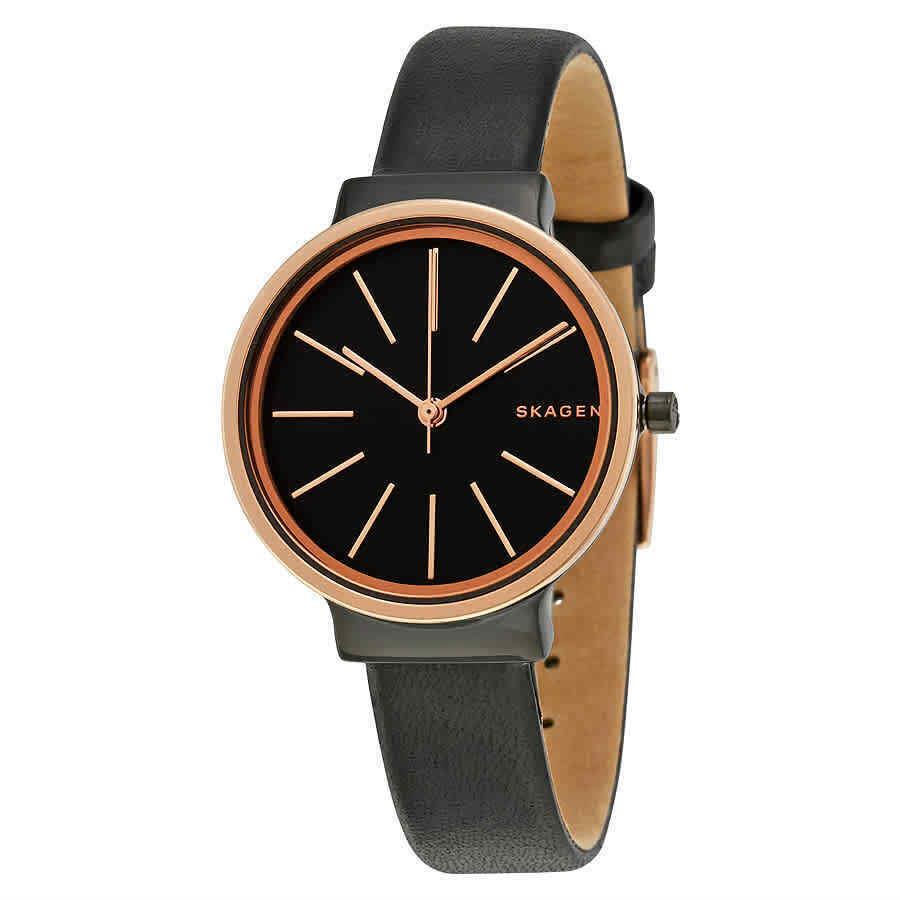 Skagen Ancher Black Dial Black Leather Ladies Watch SKW2480 - Dial: Black, Band: Black, Bezel: Rose Gold-tone