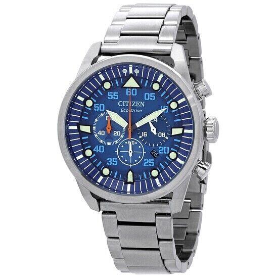 Citizen CA4211-72L Eco-drive Avion Blue Chronograph Dial Steel Mens Watch - Dial: Blue, Band: Silver, Bezel: Silver