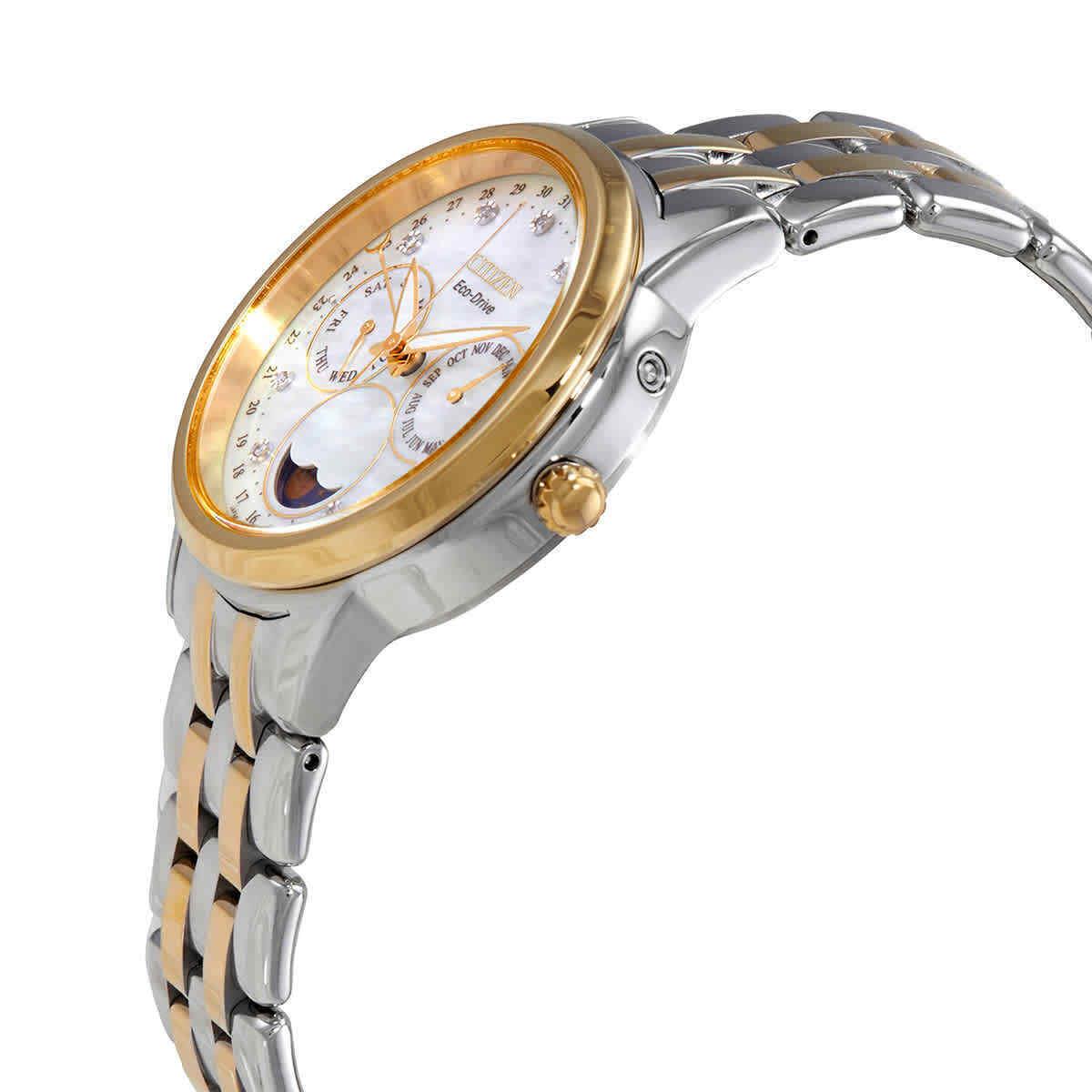 Citizen Eco-drive Calendrier Chronograph Diamond Ladies Watch FD0004-51D - Dial: White, Band: , Bezel: Gold