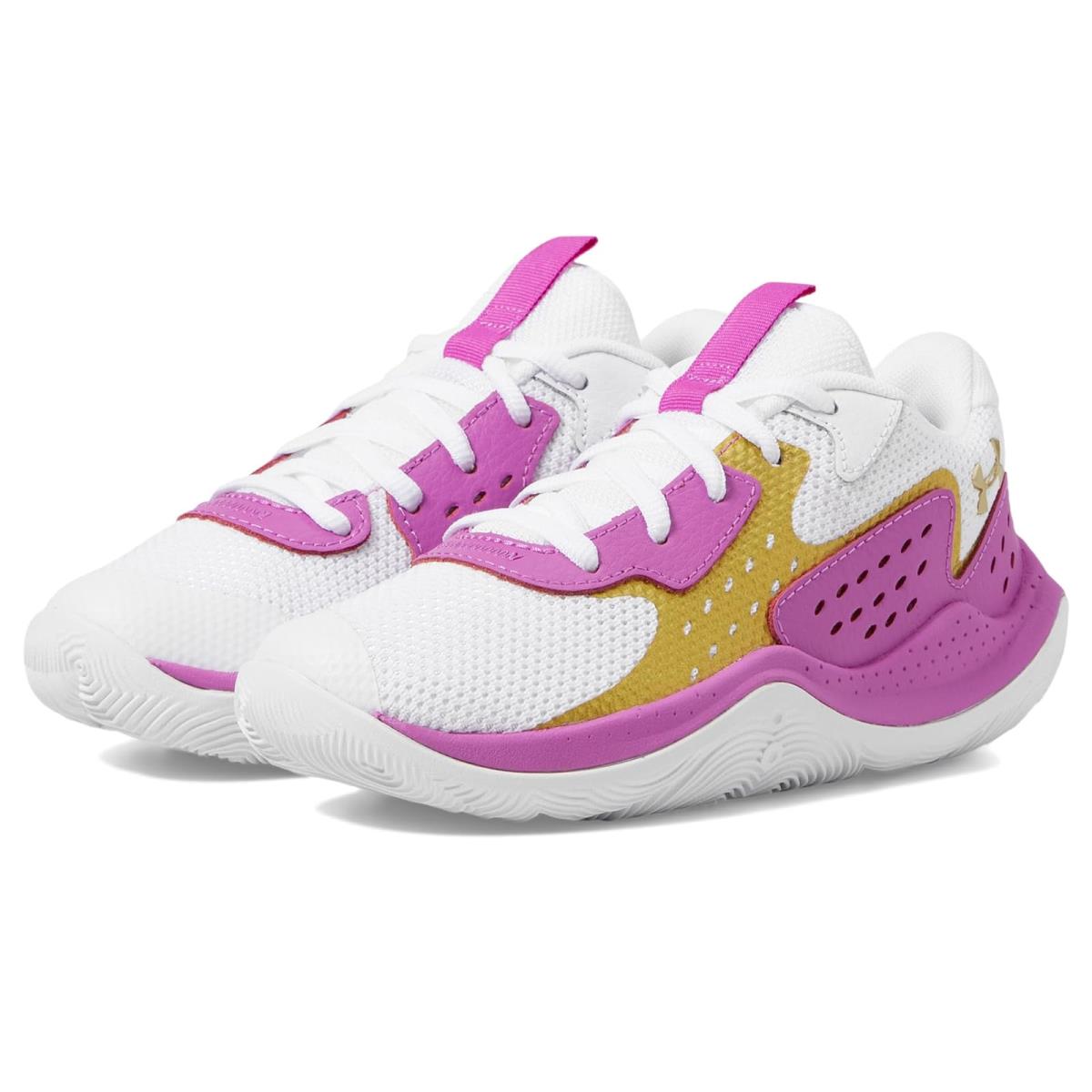 Children Unisex Shoes Under Armour Kids Jet `23 Basketball Shoe Little Kid White/Vivid Magenta/Metallic Gold