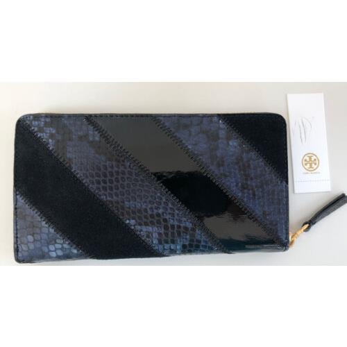 Tory Burch Gemini Link Embossed Zip Continental Leather Wallet Black Navy