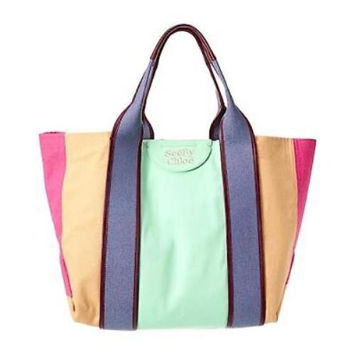 See by Chloe Women Laetizia Colorblock Logo Canvas Tote Bag Multicolor One Size