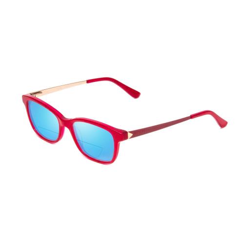 Guess GU9177 Ladies Cateye Polarized Bifocal Sunglasses in Crystal Pink Red 47mm Blue Mirror