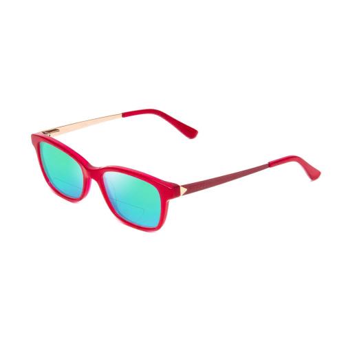 Guess GU9177 Ladies Cateye Polarized Bifocal Sunglasses in Crystal Pink Red 47mm Green Mirror