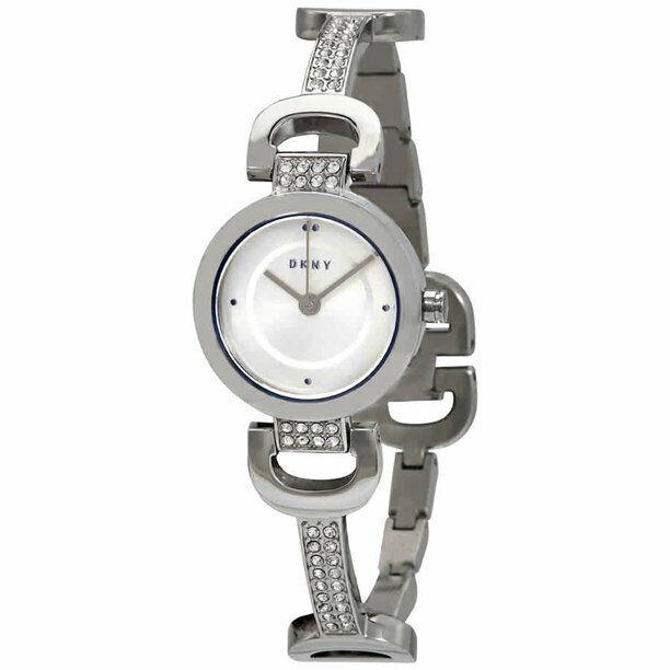 Dkny Silver Tone Crystals D Link Bangle Bracelet Petite Watch NY2751