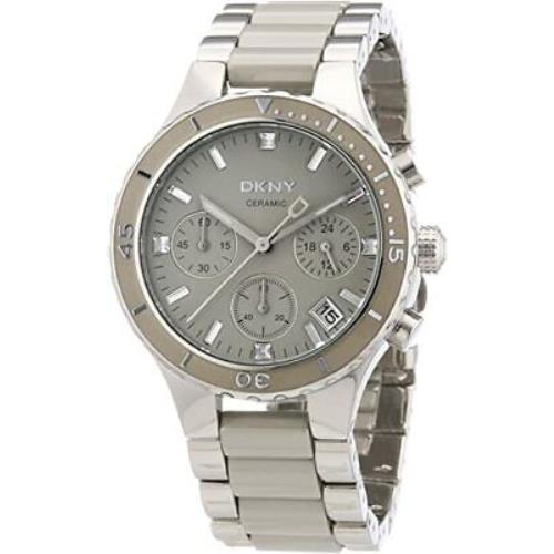 Dkny Silver Tone+gray Grey Ceramic+chronograph Crystal Dial+date WATCH-NY8505