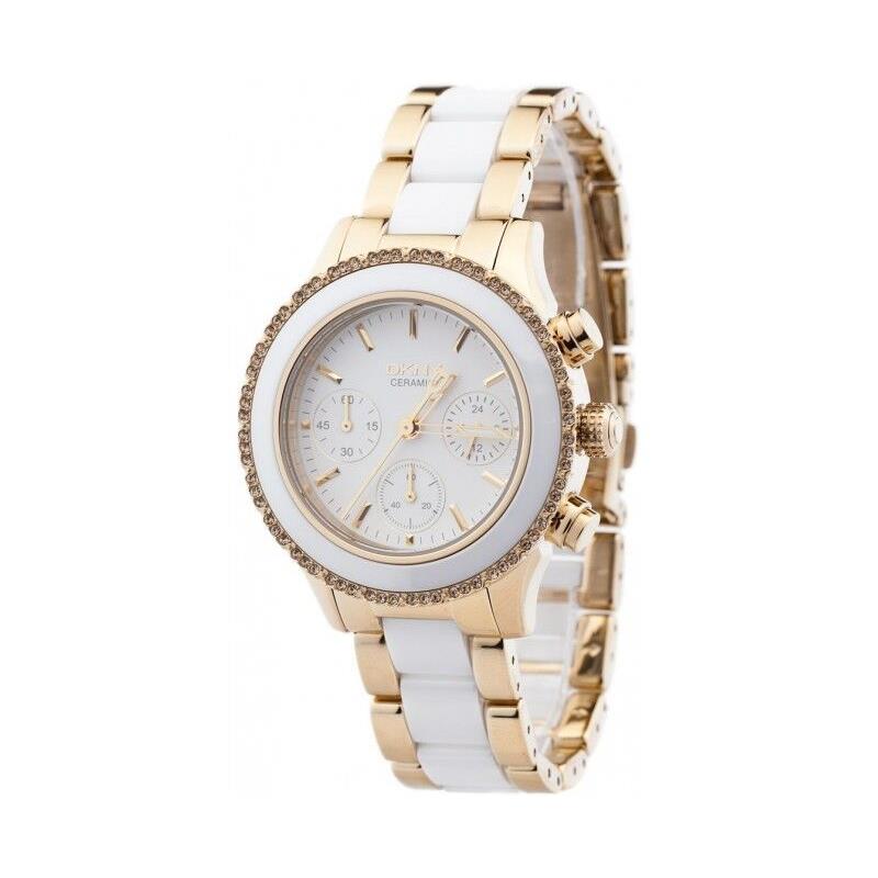 Dkny Gold Tone+white Ceramic Band Crystals Chronograph Bracelet WATCH-NY8830