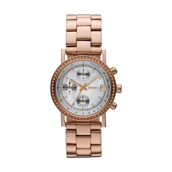 New-dkny Rose Gold Tone White Mop Chronograph Dial+crystal Bracelet WATCH-NY8358