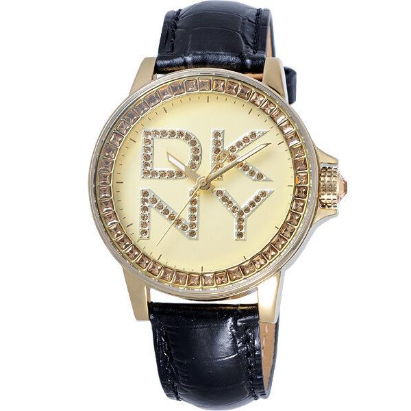 Dkny Black Leather Strap+gold+logo Crystals Dial WATCH-NY4789