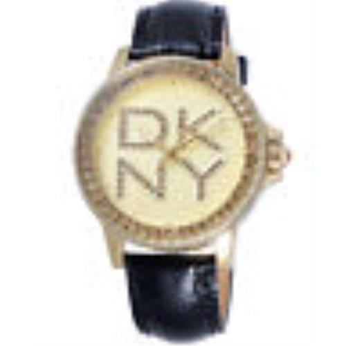 Dkny Black Leather Strap+gold+logo Crystals Dial WATCH-NY4789