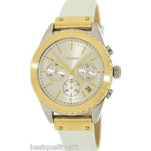 New-dkny Metallic White LEATHER+2 Two Tone Gold Silver Dial+chrono WATCH-NY8610