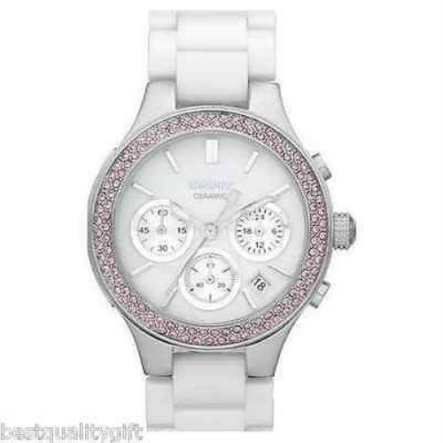 Dkny White Ceramic+silver Tone+mop Chrono Date+pink Crystal Bezel WATCH-NY8524